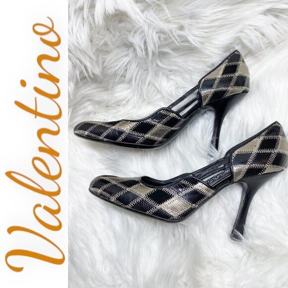 VALENTINO Leather Black & Gray Argyle Print Round Toe Pumps, Size 37.5 - Picture 1 of 10